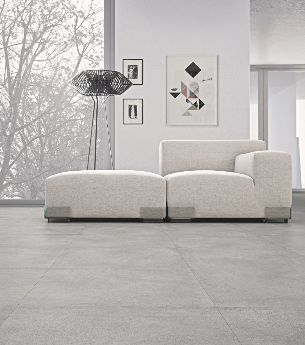 cement effect large square light grey floor tiles