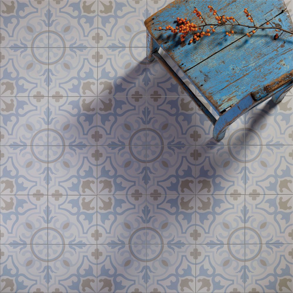 pale blue, gold and cream patterned victorian tiles