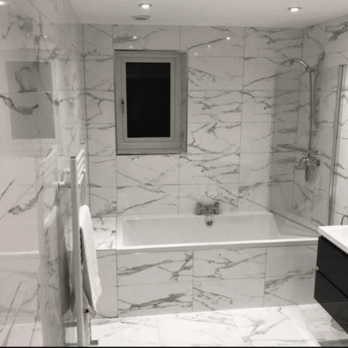 white marble tiles in bathroom