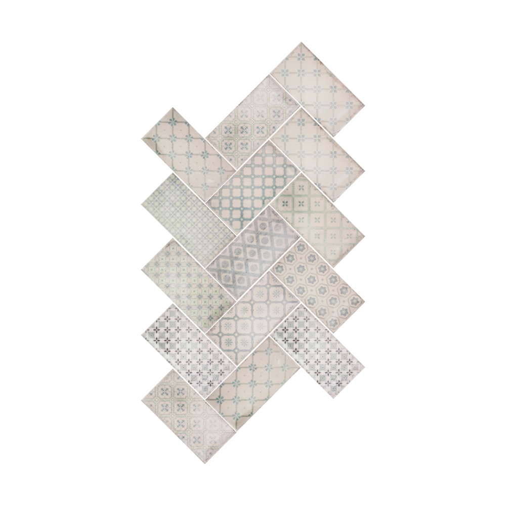 Harewood Profusion Tallow Lake Decor tiles in herringbone pattern
