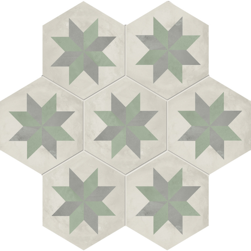 green star patterned hexagon tiles
